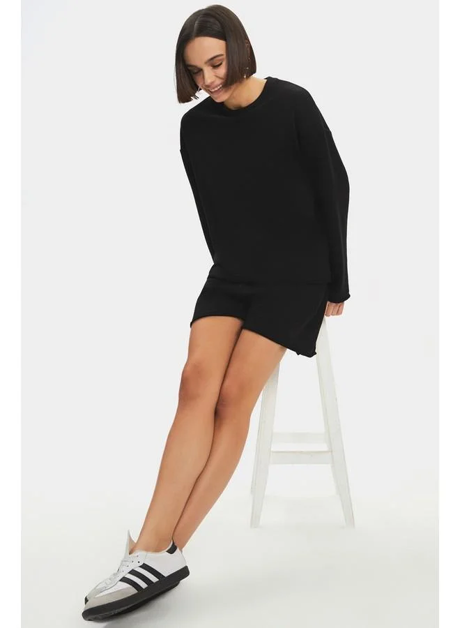 JUNE June Women Cotton Blend Crew Neck Sweatshirt Short Set Black