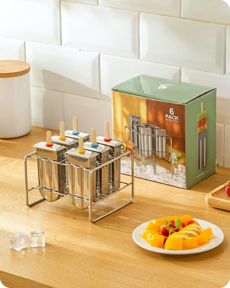 baffect Metal Popsicle Moulds, Set of 6 Round Head Stainless Steel Ice Lolly Molds with Holder, Fast Freezing Ice Cream Makers with Lollipop Sticks and Bags - Image 1