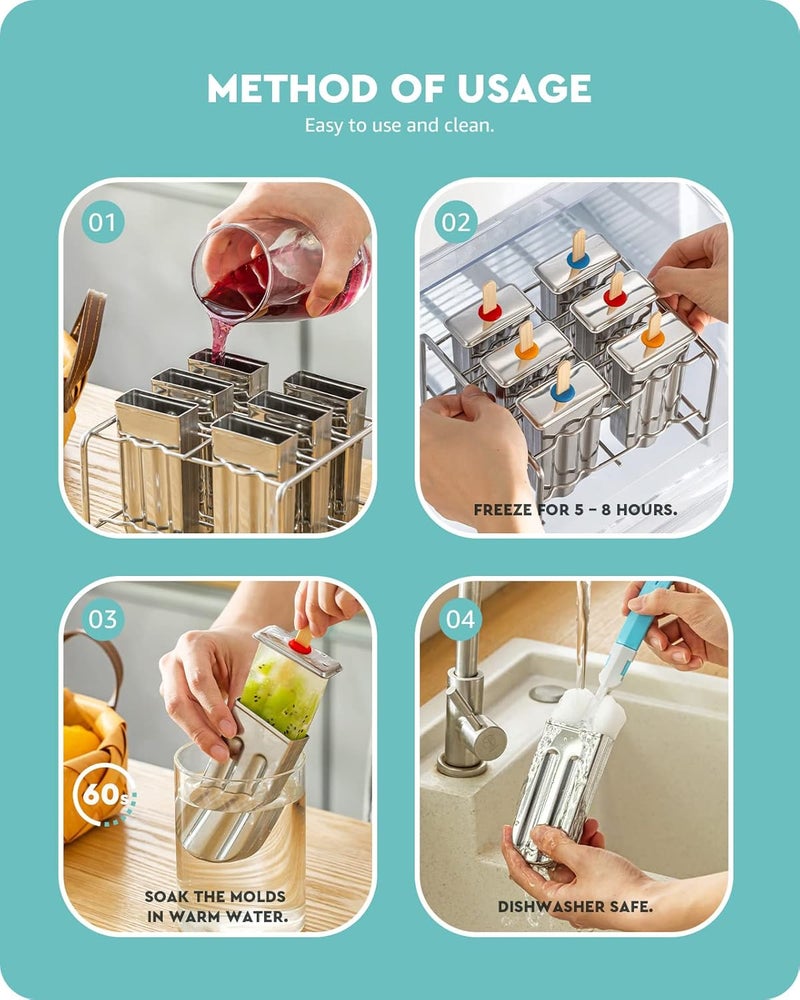 baffect Metal Popsicle Moulds, Set of 6 Round Head Stainless Steel Ice Lolly Molds with Holder, Fast Freezing Ice Cream Makers with Lollipop Sticks and Bags - Image 4