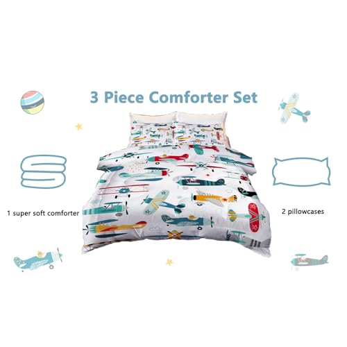 Yasida Kids Airplane Comforter Set Twin Size Colorful Cartoon Propeller Plane Bedding Set Kids Boys Bedding Sets Twin Teens Cartoon Airplanes Down Comforter Aviation Theme Duvet Bedroom Decor - Image 4