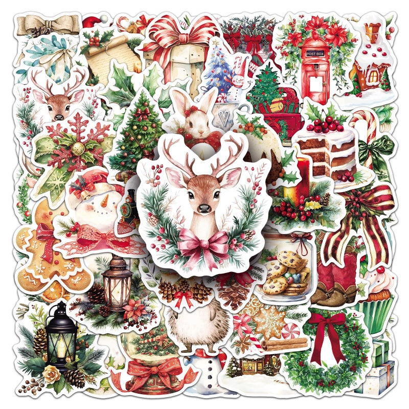 50pcs Vintage Watercolor Christmas Stickers for DIY Scrapbooking - Image 4