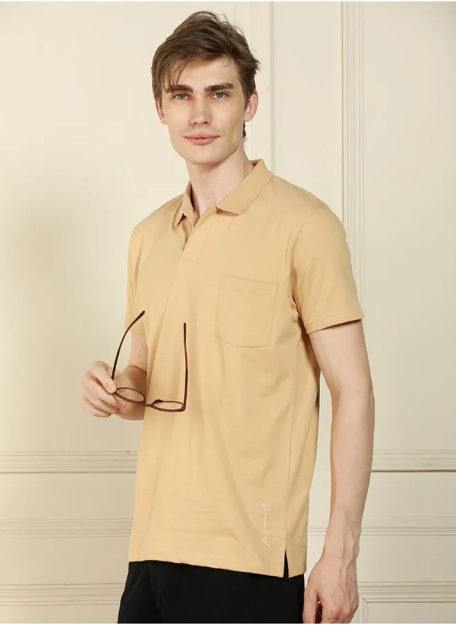 Dennis Lingo Men's Cream 100% Cotton Solid Pattern Regular Fit T-Shirt