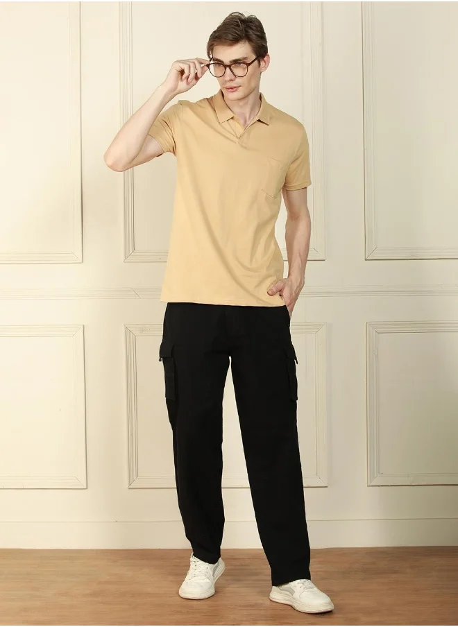 Dennis Lingo Men's Cream 100% Cotton Solid Pattern Regular Fit T-Shirt