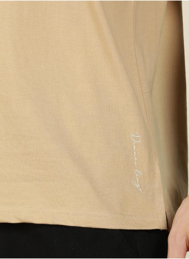 Dennis Lingo Men's Cream 100% Cotton Solid Pattern Regular Fit T-Shirt