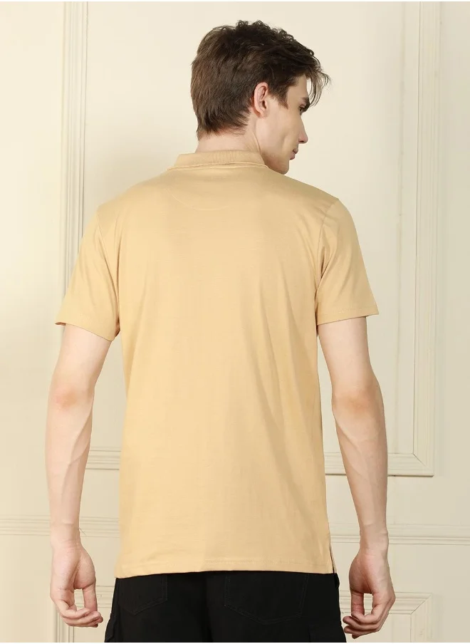 Dennis Lingo Men's Cream 100% Cotton Solid Pattern Regular Fit T-Shirt