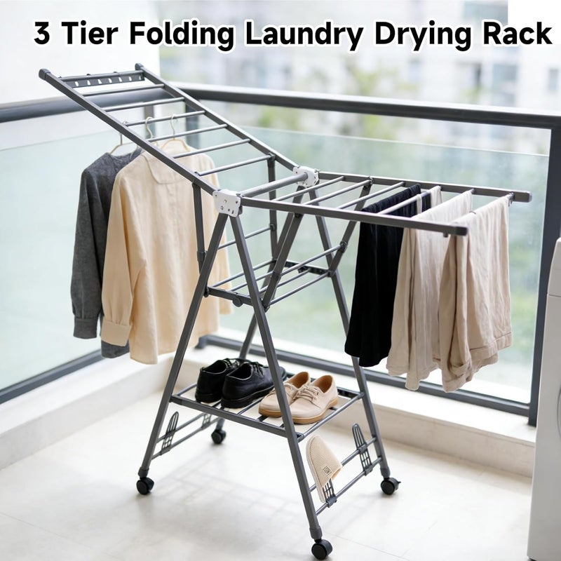 DUUKOA 160CM Foldable Clothes Drying Rack 3-Tier Large Carbon Steel Laundry Drying Stand with Adjustable Wings with 4 Castors - Image 3