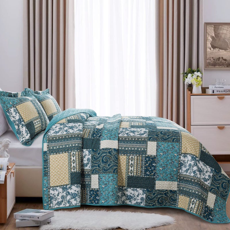 BEDIFANY Cotton King Size Quilt Set, Lightweight Bedspread King Size Coverlet Boho King Quilt, Soft Farmhouse King Quilt Bedding Sets for Bed Decorations for All Seasons (3 Pieces, Blue) - Image 3