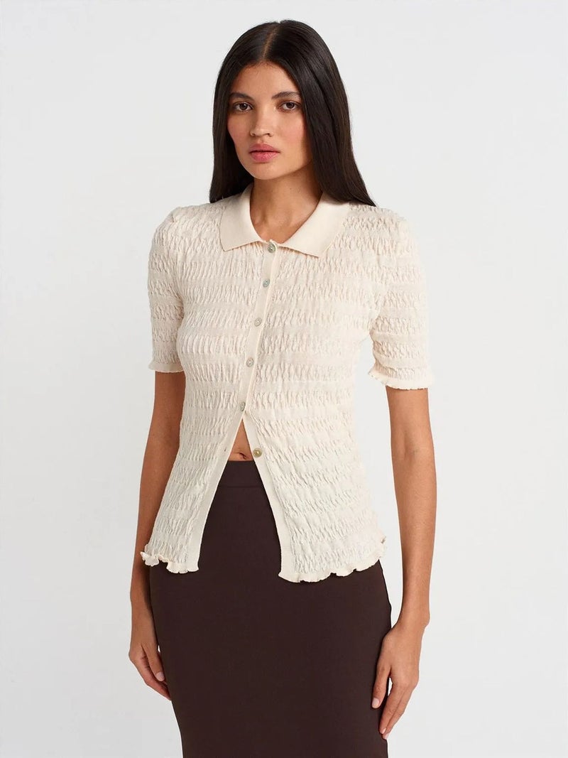 DILVIN Fitted Ribbed Cotton Blend Short-sleeve Cardigan - Image 1