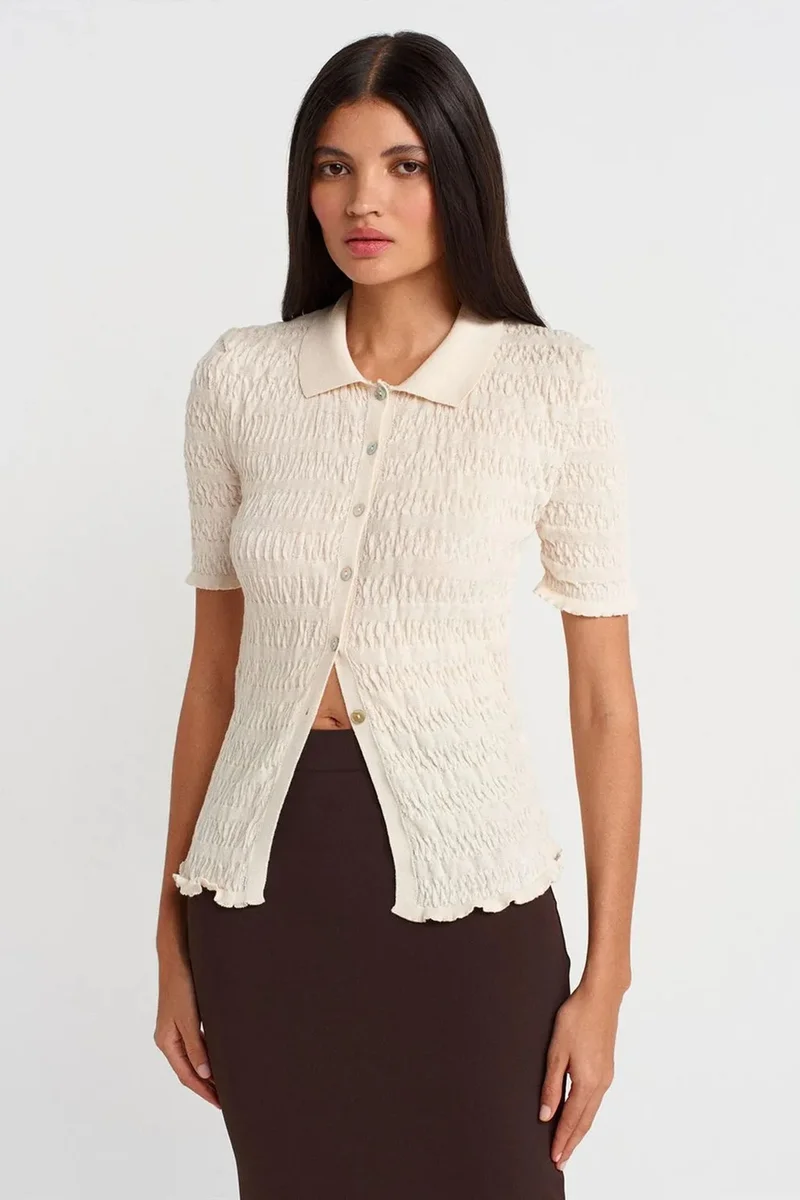 DILVIN Fitted Ribbed Cotton Blend Short-sleeve Cardigan