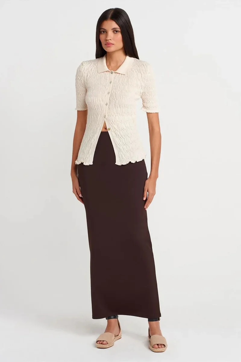 Dilvin Cream Natural DILVIN Fitted Ribbed Cotton Blend Short-sleeve Cardigan for Women | Best Price UAE