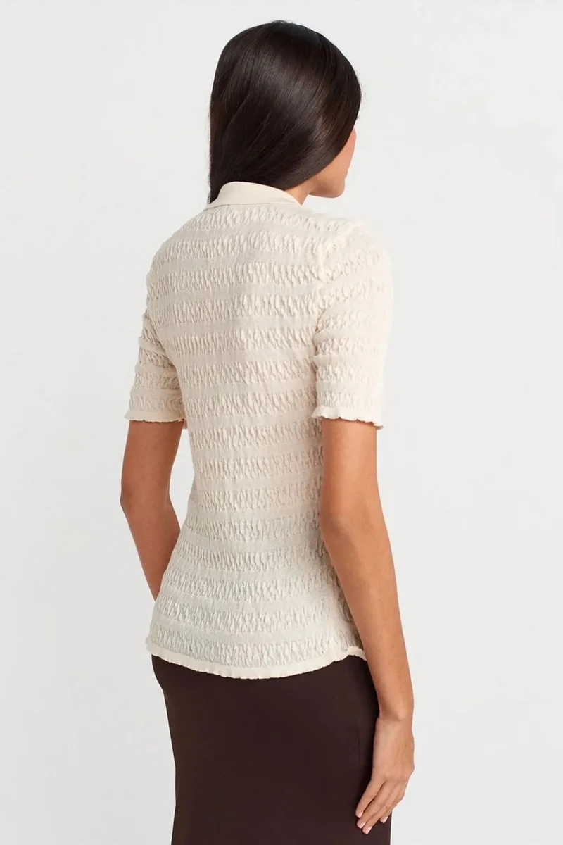 Dilvin Cream Natural DILVIN Fitted Ribbed Cotton Blend Short-sleeve Cardigan for Women | Best Price UAE