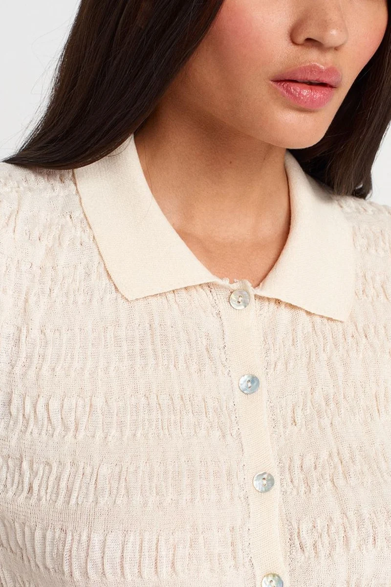 Dilvin Cream Natural DILVIN Fitted Ribbed Cotton Blend Short-sleeve Cardigan for Women | Best Price UAE