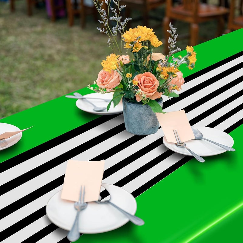Oudain 6 Pcs Striped Tablecloth 108 x 54 Inch Rectangle Table Cover Disposable Plastic Table Cloth Waterproof Tablecloth Plastic Table Cover for Birthday Wedding Bridal (Black White Green) - Image 5