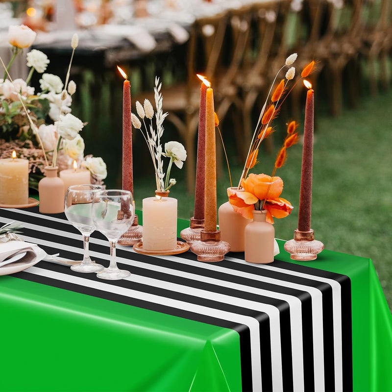 Oudain 6 Pcs Striped Tablecloth 108 x 54 Inch Rectangle Table Cover Disposable Plastic Table Cloth Waterproof Tablecloth Plastic Table Cover for Birthday Wedding Bridal (Black White Green) - Image 4