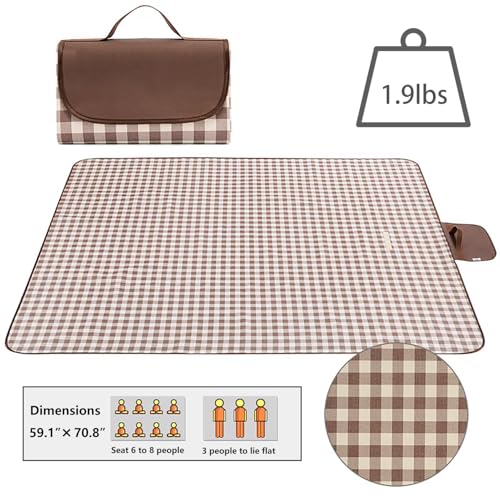 Wind Tour Waterproof Picnic Blanket with Carry Strap Foldable Sandproof Outdoor Mat for Camping Beach Park 59 x 71Coffee Grid Single Mat - Image 3
