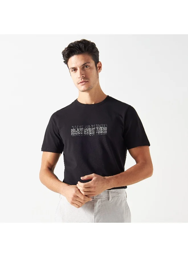 Iconic Iconic Slogan Print Pique T-shirt with Crew Neck and Short Sleeves