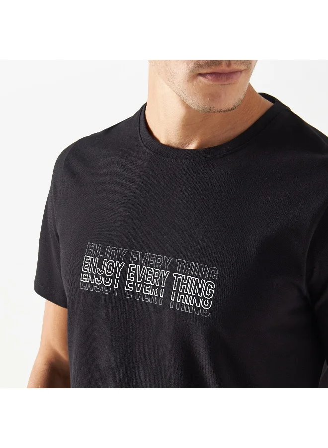 Iconic Iconic Slogan Print Pique T-shirt with Crew Neck and Short Sleeves