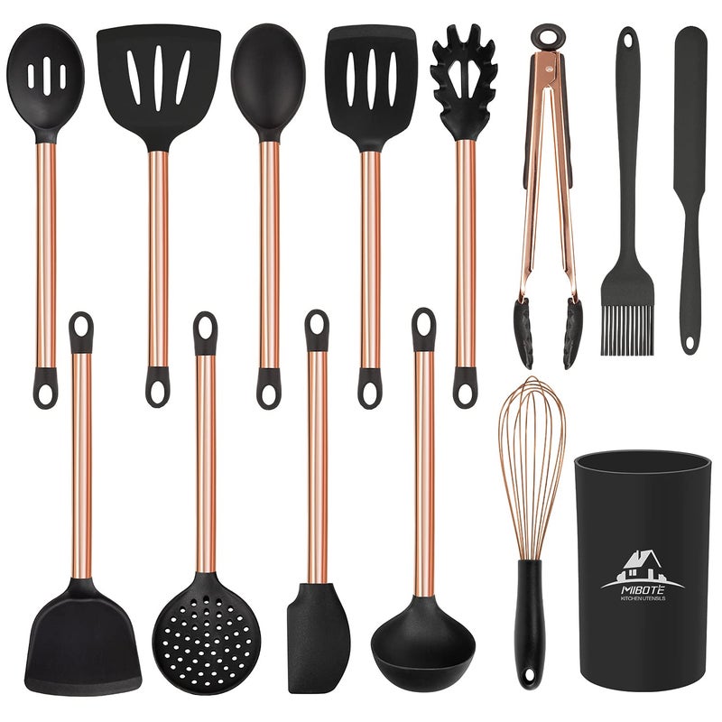 MIBOTE Silicone Cooking Utensil Set,14 Pcs Kitchen Utensils Set with Holder Non-stick Heat Resistant Cookware Cooking Turner Tongs Spatula Spoon with Stainless Steel Handle (Gold Black) BPA Free, Non Toxi - Image 1