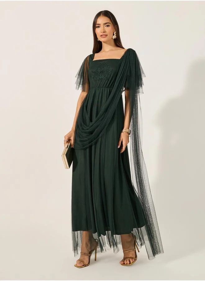 Styli Embroidered Detail Flared Sleeves A-Line Maxi Dress