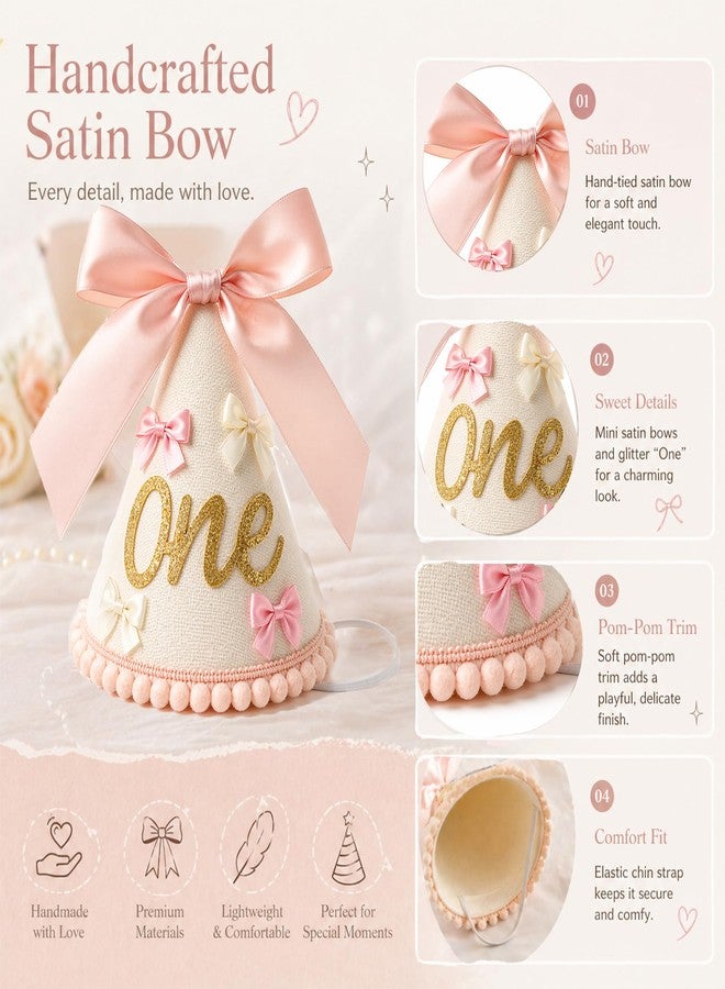 suvast 1st Birthday Hat for Baby Girl, Soft Pink Princess Style with Handcrafted Satin Bow & Glitter “One” Patch (one st Birthday Hat) - Image 2