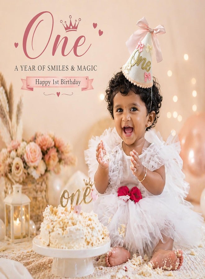 suvast 1st Birthday Hat for Baby Girl, Soft Pink Princess Style with Handcrafted Satin Bow & Glitter “One” Patch (one st Birthday Hat) - Image 4