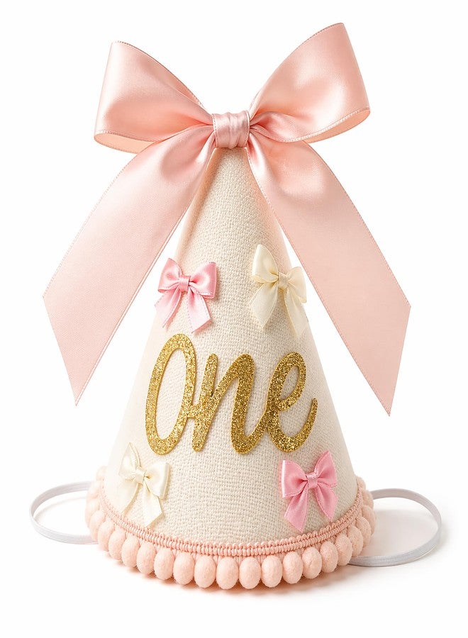 suvast 1st Birthday Hat for Baby Girl, Soft Pink Princess Style with Handcrafted Satin Bow & Glitter “One” Patch (one st Birthday Hat) - Image 1