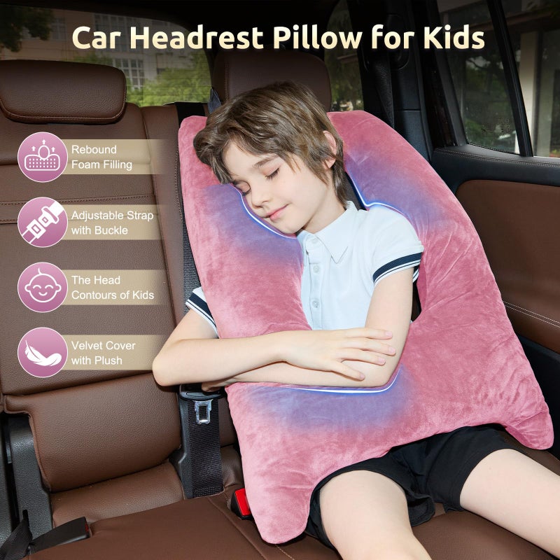 FAIORD Car Pillow for Kids Travel Pillow with Adjustable Strap, Kids Floor Pillows Cushions for Adults and Children to Support Head and Body Road Trip Essentials (Pink) - Image 2
