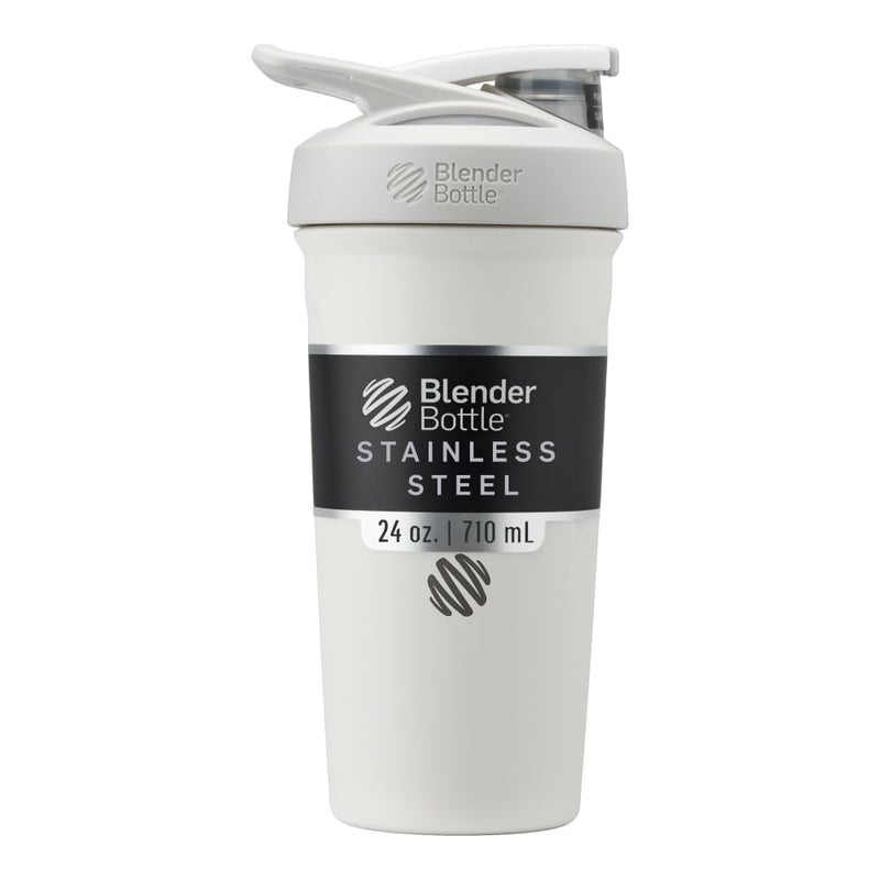 BlenderBottle Strada Shaker Cup Insulated Stainless Steel Water Bottle with Wire Whisk, 24-Ounce, White - Image 1