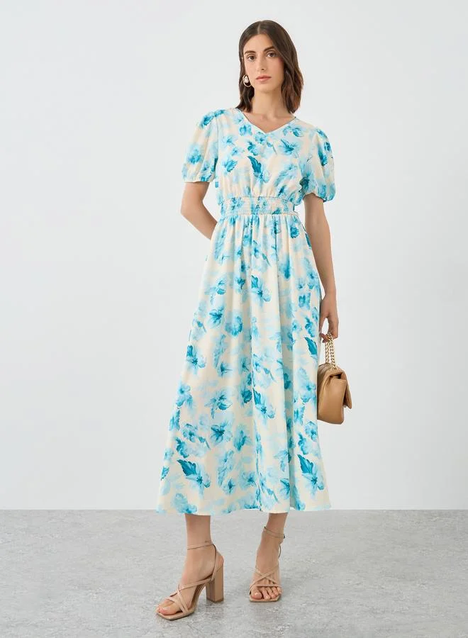 Take Two Take Two Floral Printed Puff Sleeve Midi Dress