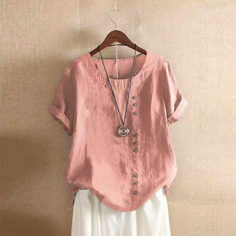 2020 summer retro plus size casual loose cotton and linen short-sleeved pullover T-shirt cotton and linen women's plus size women's clothing Pink L - Image 1