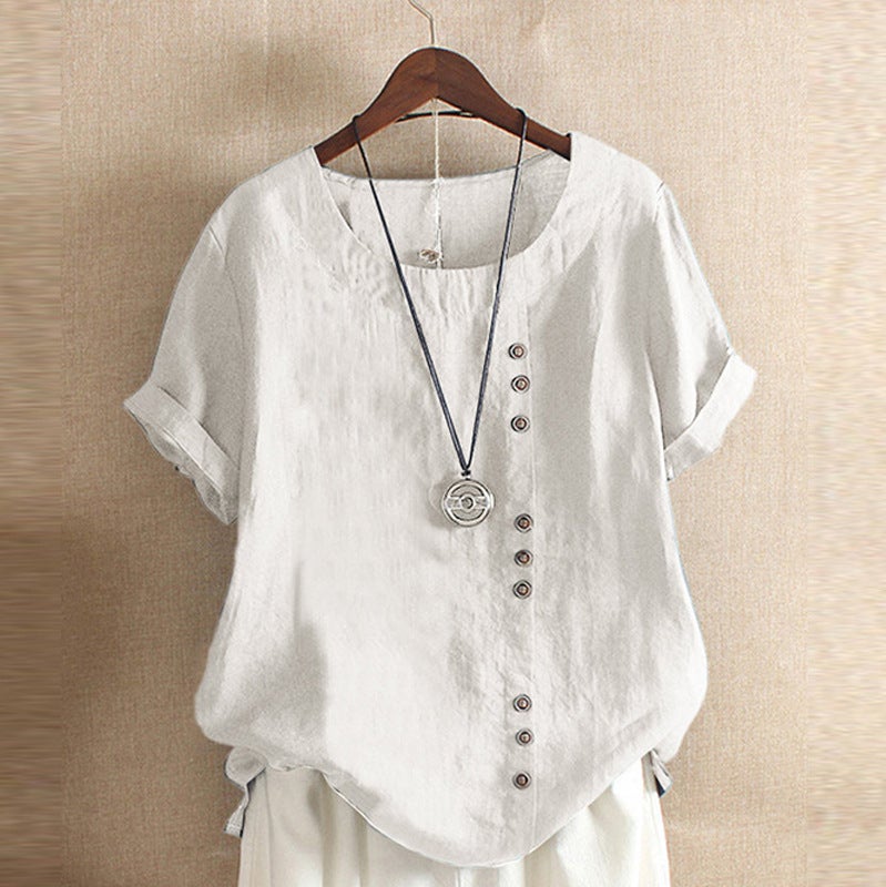 2020 summer retro plus size casual loose cotton and linen short-sleeved pullover T-shirt cotton and linen women's plus size women's clothing Pink L - Image 5