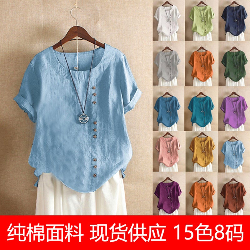 2020 summer retro plus size casual loose cotton and linen short-sleeved pullover T-shirt cotton and linen women's plus size women's clothing Pink L - Image 2