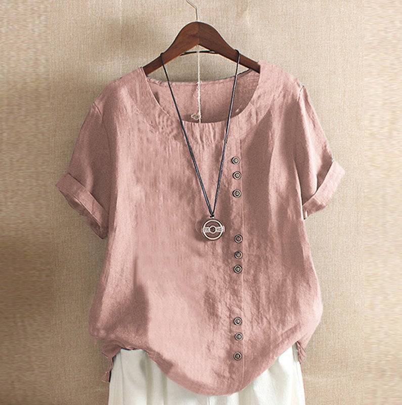 2020 summer retro plus size casual loose cotton and linen short-sleeved pullover T-shirt cotton and linen women's plus size women's clothing Pink L - Image 4