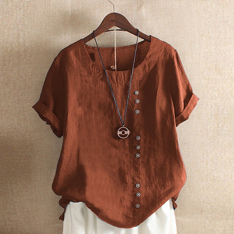 2020 summer retro plus size casual loose cotton and linen short-sleeved pullover T-shirt cotton and linen women's plus size women's clothing Pink L - Image 3
