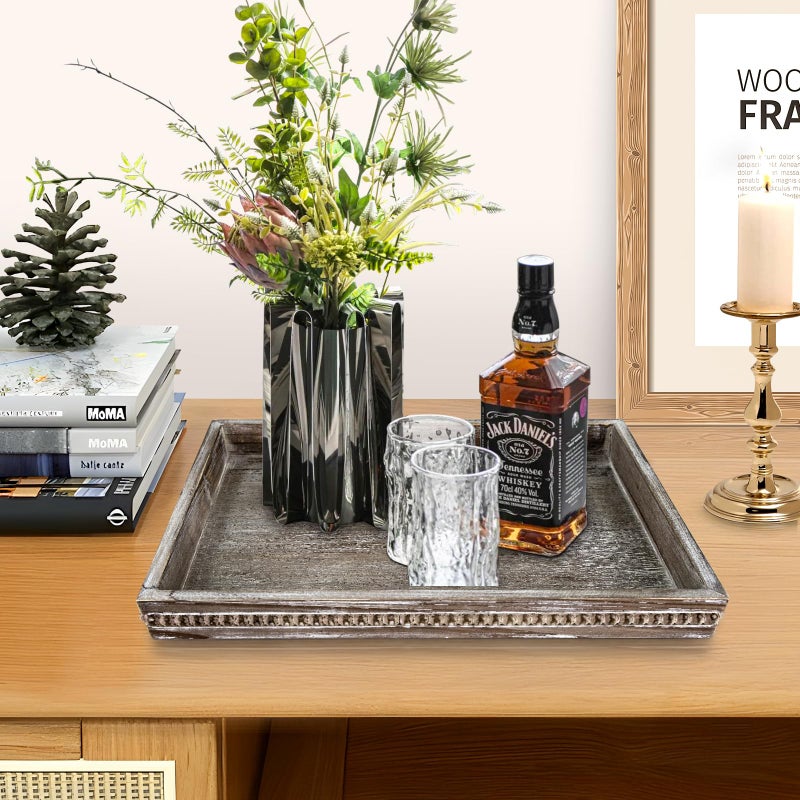 CEDARLUX Wooden Decorative Tray, Rectangular Serving Tray with Wood Bead, Farmhouse Big Tray for Ottoman, Countertop, Coffee Tabl, 16.5" x 13"x 1.6" (Retro Brown) - Image 3
