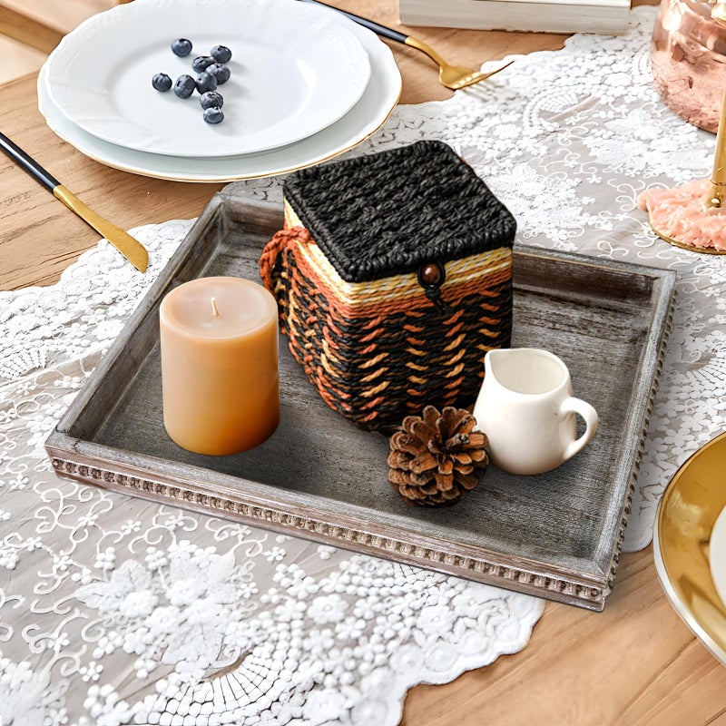 CEDARLUX Wooden Decorative Tray, Rectangular Serving Tray with Wood Bead, Farmhouse Big Tray for Ottoman, Countertop, Coffee Tabl, 16.5" x 13"x 1.6" (Retro Brown) - Image 4