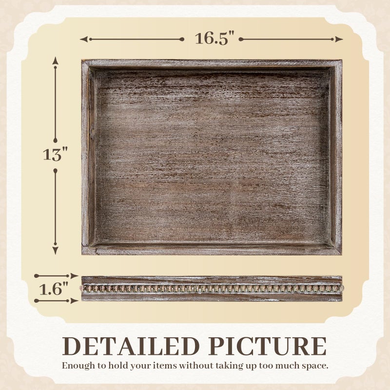 CEDARLUX Wooden Decorative Tray, Rectangular Serving Tray with Wood Bead, Farmhouse Big Tray for Ottoman, Countertop, Coffee Tabl, 16.5" x 13"x 1.6" (Retro Brown) - Image 2
