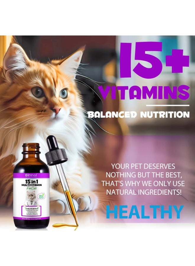 Oimmal 15 in 1 Multivitamin for Cats 60ml, Multivitamin Liquid Drops for Cats Helps With Immune System Skin & Coat, Heart Health, Bone & Joints 100% Natural Cat Vitamins for Improving Hip Joint Skin Coat & Health - Image 2