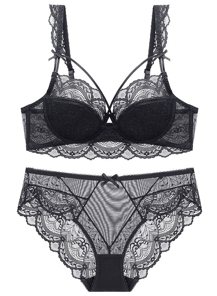Comfy Solid Color Thin Cup Lace Bra And Panty Set Black