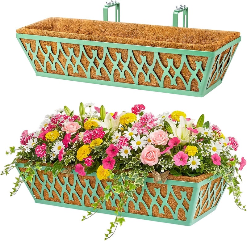Karlliu 2 Pack 24 Inch Window Boxes Planters Railing Planter Box with Adjustable Brackets for Porch Fence Patio Balcony Hanging Flower Baskets with Coco Liners for Outdoor Garden Decor - Green - Image 1