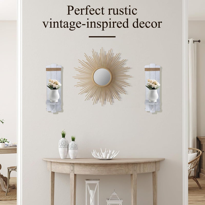 Alphatool Farmhouse Wall Decor Candle Sconces - 2 Pcs Rustic Scandinavian Handmade Wooden Wall-Mount Candle Holders for Bedroom Living Room Bathroom Home Hanging Art Decorations Accessories Gifts, Grayish White - Image 2