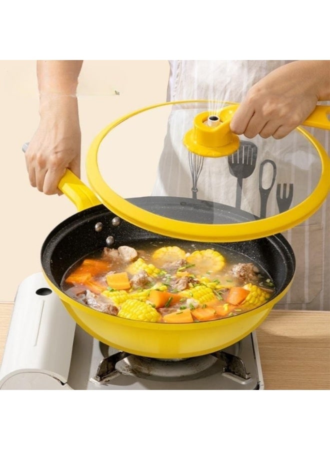 Multi-purpose frying and cooking pan with a glass lid. Modern design in yellow. Non-stick coating. Comfortable heat-resistant handle. Suitable for all types of stoves 32Cm