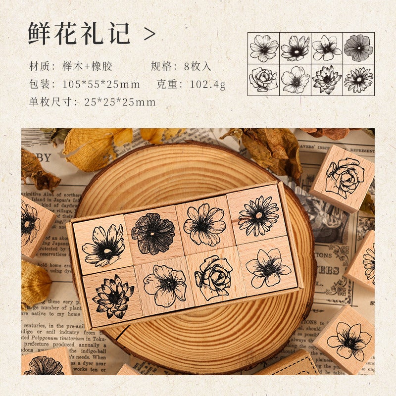 Generic Yuezhen Special Floral Language Wooden Handmade Stamp Retro Flower Wood Stamp Childrens Stamp Gift for Various Occasions Flowers Ritual suit -8 