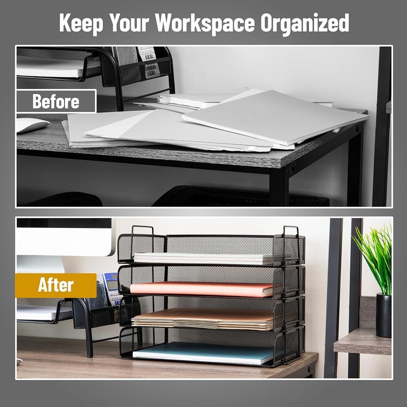 Mind Reader Network Collection, 4-Piece Stackable Paper Tray, Letter Size, File and Document Holder, Desktop Organizer, Metal Mesh, 14" L x 9.75" W x 11.25" H, Black - Image 5