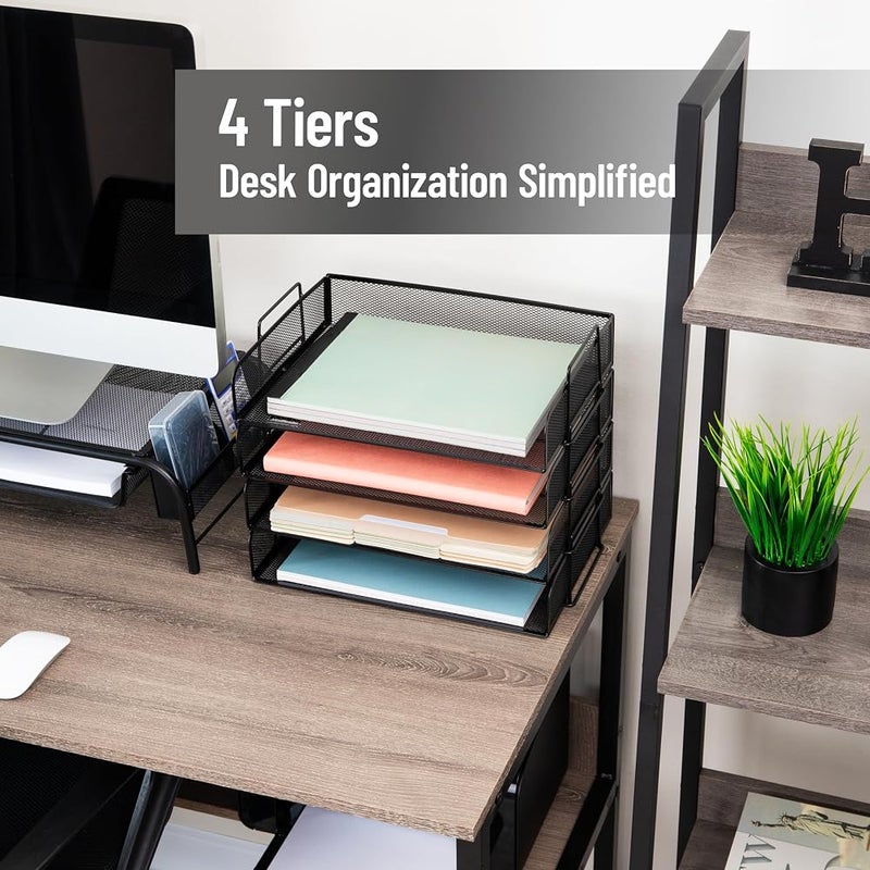 Mind Reader Network Collection, 4-Piece Stackable Paper Tray, Letter Size, File and Document Holder, Desktop Organizer, Metal Mesh, 14" L x 9.75" W x 11.25" H, Black - Image 2