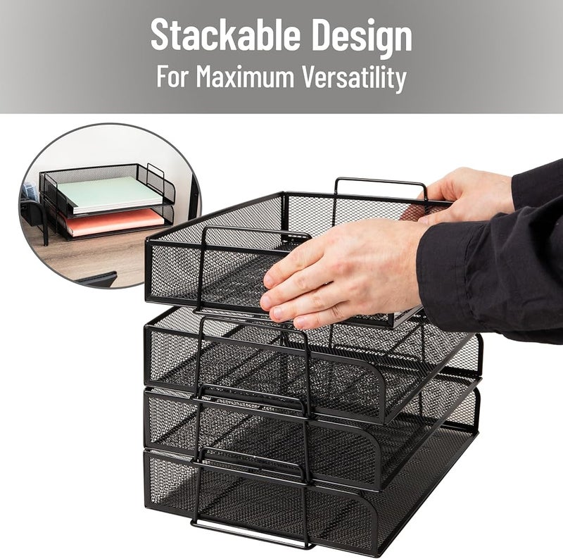 Mind Reader Network Collection, 4-Piece Stackable Paper Tray, Letter Size, File and Document Holder, Desktop Organizer, Metal Mesh, 14" L x 9.75" W x 11.25" H, Black - Image 4