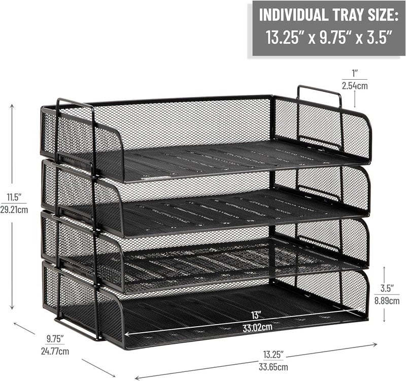 Mind Reader Network Collection, 4-Piece Stackable Paper Tray, Letter Size, File and Document Holder, Desktop Organizer, Metal Mesh, 14" L x 9.75" W x 11.25" H, Black - Image 3