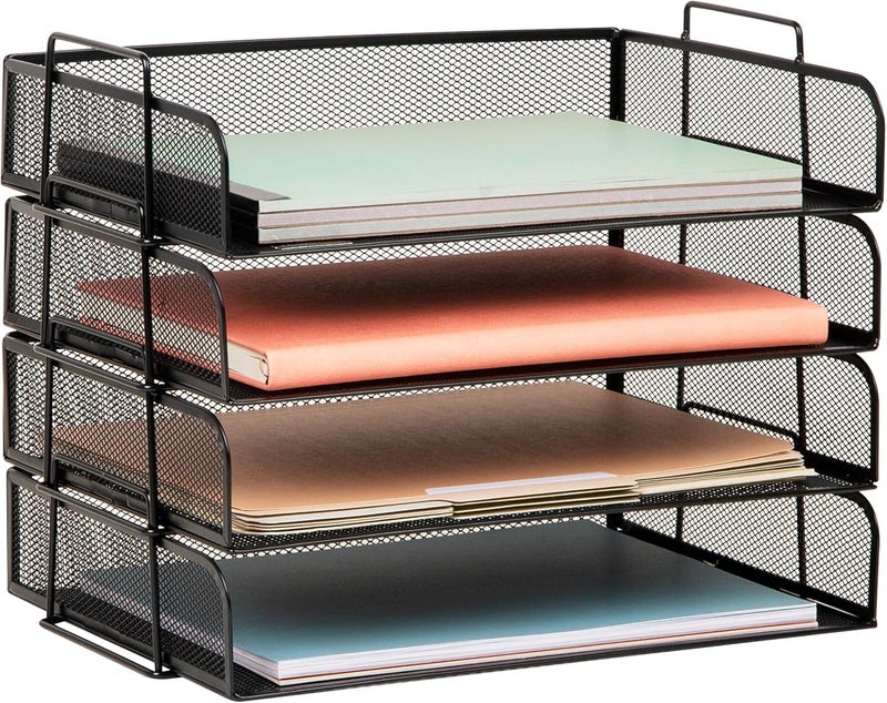 Mind Reader Network Collection, 4-Piece Stackable Paper Tray, Letter Size, File and Document Holder, Desktop Organizer, Metal Mesh, 14" L x 9.75" W x 11.25" H, Black - Image 1