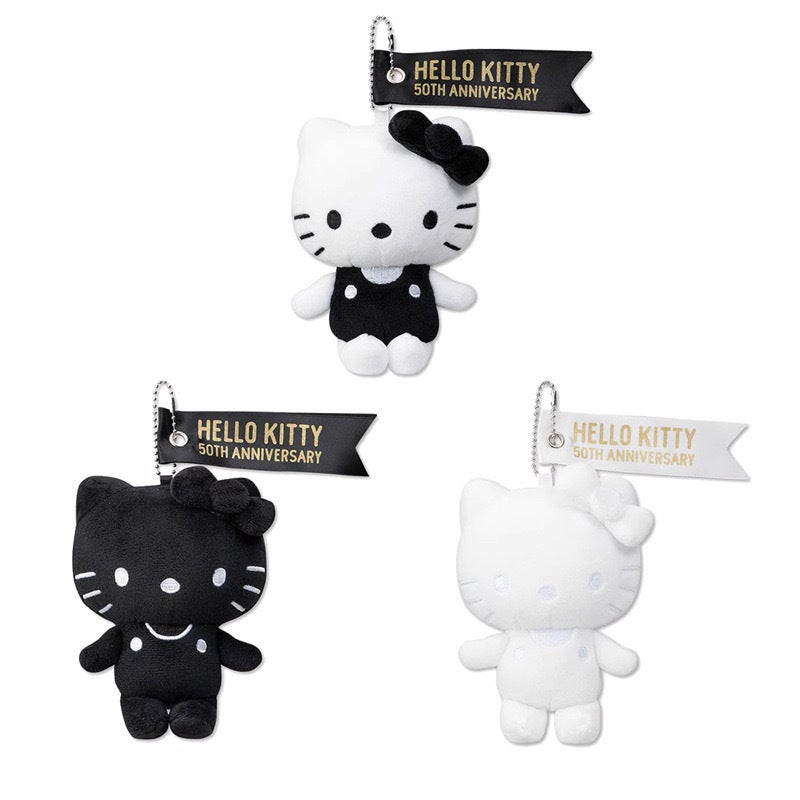 Hello Kitty 50th Anniversary Plush Keychain Pendant, Black & White, Cute Gift - Image 1