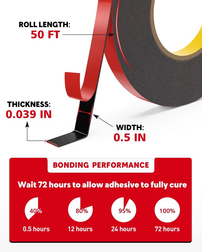 HitLights Double Sided Tape Heavy Duty, 1/2 in x 50 ft, Adhesive Mounting Tape Waterproof, Strong Double Stick Foam Tape for Walls Poster Automotive Outdoor Home (Pack of 1) - Image 5